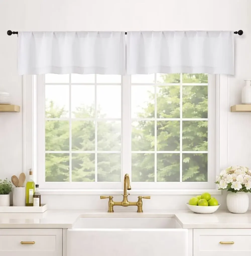 Pair of Classic White Straight Valances Solid Short Curtains Kitchen 2 Pieces